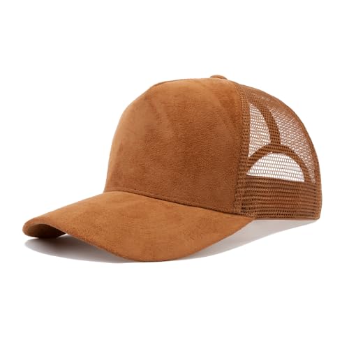 TopTie Suede Mesh Baseball Cap, Breathable Snapback Trucker Cap, 5-Panel Unisex Adjustable Sports Hat for Outdoor - Brown