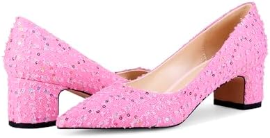TRKYYK Women's Classic Pointed Toe Sequin Denim Block Heel Pumps in 2.2 inch Slip On Chunky Heel Dress Shoes Pink Size 7 | Image 4