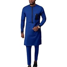 Long Sleeve Mens African Dashiki Outfit 2 Piece Set Shirt and Pants Traditional Ethnic Suit Slim Fit Clothing Tracksuit Color Blue, Size Large