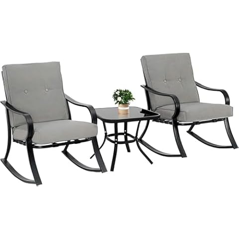 Oakmont Outdoor Furniture 3 Piece Conversation Bistro Set Rocking Chairs and Glass Top Table, Thick Cushions, Black Steel (Grey) Cover