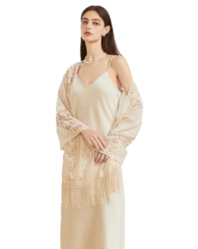 BRYCTSISEN Women’s Floral Lace Shawls and Wraps for Evening Dress Fringe Lace Pashmina Scarf for Wedding Costume Party (Offwhite)