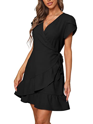 SAMPEEL Summer V Neck Wrap Petal Sleeve Short Dress with Belt for Women2