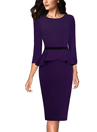 Vfshow Womens Purple And Black Crew Neck Patchwork Peplum Slim Wear To Work Business Office Party Bodycon Pencil Sheath Dress 8009 Pup M #TOP8