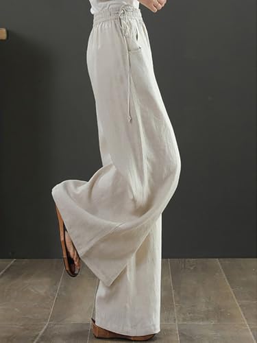 Image of KOTTY Women's Crumble Fabric High Waist Solid Color Drawstring Wide Leg Trousers Loose with Pockets