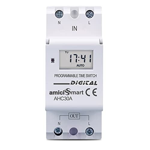 Image of amiciSmart 4-in-1 Digital Timer Switch Relay | 7-Day Programmable, Countdown, Pulse & Cycle Timer | DIN Rail Mount, (30A,220VAC)