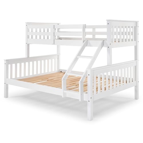Buyqualia - Litera de Madera Blanca 150x204x147 cm | Cama Matrimonial e Individual (135x190 Abajo y 90x190 Arriba) | Estructura Robusta con Escalera y Baranda de Seguridad