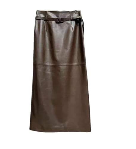 Women Ankle Long Leather Skirt with Waist Belt Female Soft Leather Back Split Straight Slim Skirts