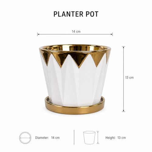 Image of Xtore Striking Geometric Ceramic Planter with Gold Accents & Drainage Tray | Sculpted Indoor Plant Pot for Tabletop, Desk & Living Space Styling (White & Gold) - Planter only