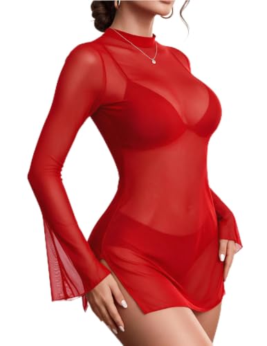 Image of Avidlove Mesh Mini Dresses for Women Bell Sleeves Bodycon Turtle Neck Dress