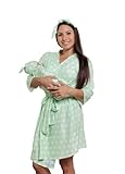 MOMMY O CLOCK Mommy Robe for Maternity and Baby Swaddle Blanket, Milk Silk Matching Delivery Robe and Swaddling Wrap for Mom and Baby (Mint Polka Dots, L/XL (12-24))