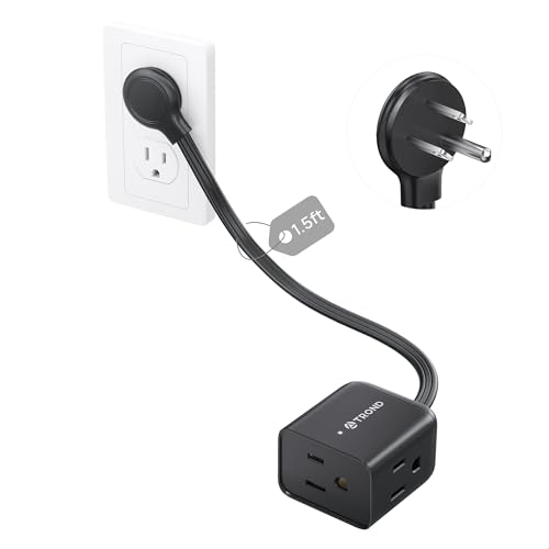 Image of TROND Short Flat Extension Cord 1.5ft - Right Angled Flat Plug Power Strip, ETL Listed, 3 Plug Extension Outlets, Three Prong, 16 Gauge, 13A, Small for Indoor Home Office Cruise Ship Travel, Black
