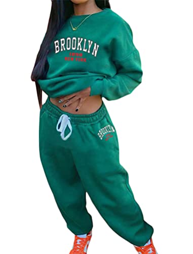 Tomwell Femmes Survêtement Casual Ensemble 2Pcs Suit Mode Ample Manches Longues Imprimé Sweatshirt à Col Rond Hiver Chaude Sweats + Jogging Pantalons Sportswear Yoga Fitness B Vert L