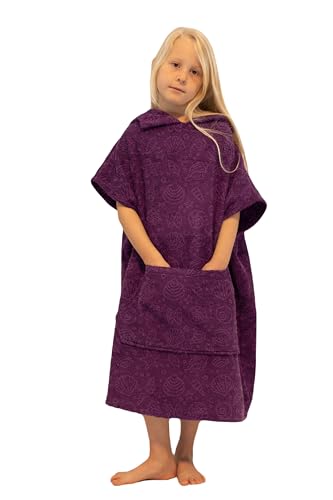 ALLEN & MATE 100% Cotton Kids Changing Robe Surf Poncho, Safety Certified Oversized Hooded Wearable Towel for Boys & Girls (Purple Starfish)