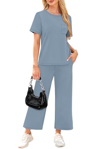 Image of WIHOLL 2 Piece Sets for Women Casual Summer Travel Vacation Outfits Short Sleeve Wide Leg Crop Pants Lounge Sets