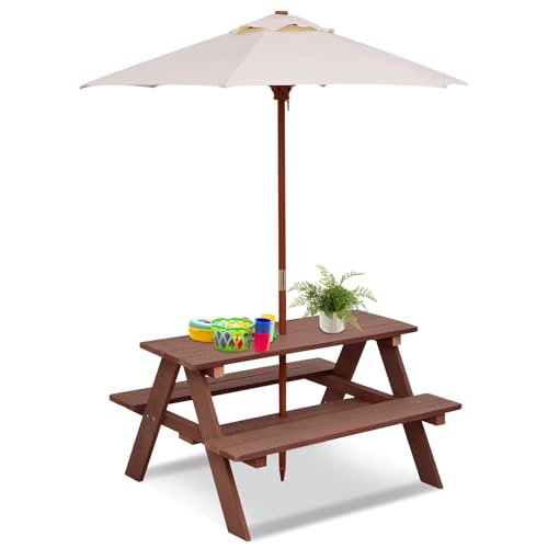 HONEY JOY Kids Picnic Table Outdoor Wooden Bench Set w/Removable Umbrella Children Backyard Furniture for Patio Garden Toddler Picnic Table for Outdoors Gift for Boys Girls Walnut