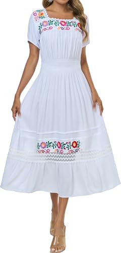 Image of Women's Summer Maxi Dress Casual Floral Embroidered Round Neck Short Sleeve Ruffle Tiered Dress Flowy Boho Beach Sundress