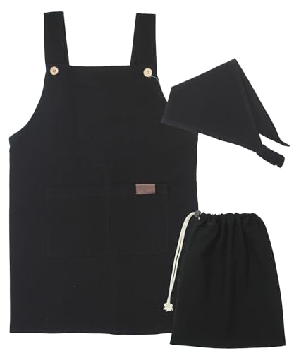 [ON NISHIKI] キッズエプロン 子供用 男の子 女の子 (エプロン 三角巾 巾着袋) ３点セット 綿100％ 肌に優しい 薄手 小学生 三角巾セット ポケット付き (ﾌﾞﾗｯｸ:1/140-160/wka009)