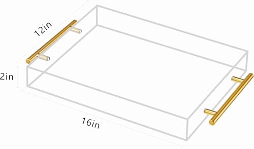 Wymexen Clear Serving Acrylic Tray-(16x12x2 inches) with Gold Handles-Spill Prevention-Sturdy Decorative-without Leaking Tray, Kitchen, Bathroom, Living Room-Decorative Tray