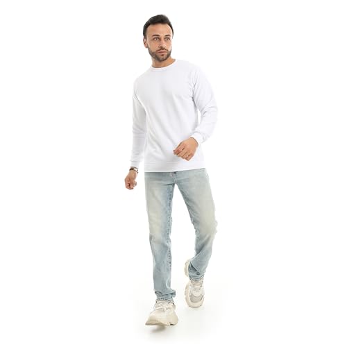 Andora Basic Plain Round Collar White Sweatshirt-White-XL