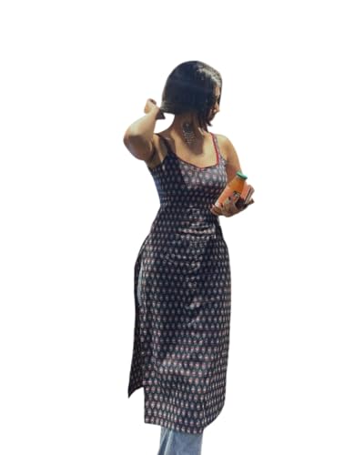 Image of Women's Navy Blue Cotton Kurti with Red Floral Print, A-Line Silhouette, Spaghetti Straps, Summer Casual Wear