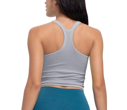 Excwudy Seamless Ribbed Workout Racerback Tank Tops with Built in Bra for Women Grey-Purple S