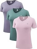 NELEUS Women's 3 Pack V Neck Workout Clothes Compression Running Shirt,8016,Pink/Purple/Blackish Green,M