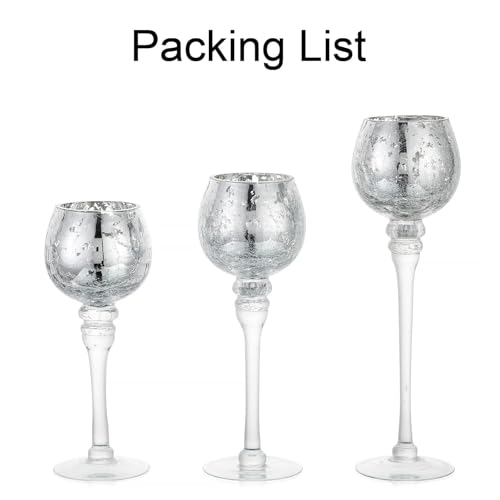 Inweder Glass Tealight Candle Holder: Silver Mercury Votive Holders 9/10/12 Inch Tall Long Setm Floating Candle Holders for Christmas Dining Table Centerpiece Wedding Party Set of 3