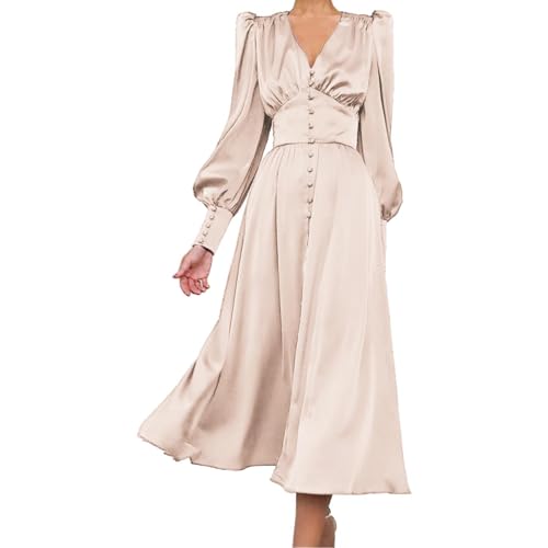 luohaibell Damenkleid, Retro-Kleid, Damen, V-Ausschnitt, Langarm, hohe Taille, einfarbig, große Größe, fließend, elegantes Kleid für Frauen,...