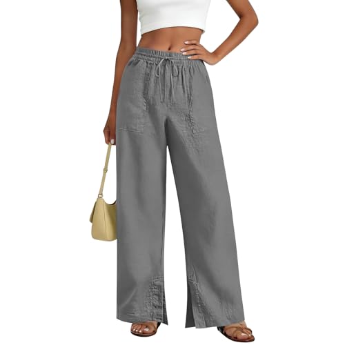 Wide Leg Pants Womens Wide Leg Palazzo Linen Pants High Waist Split Ankle Casual Lounge Beach Vacation Pant 2026 Summer Spring(Grey Large)