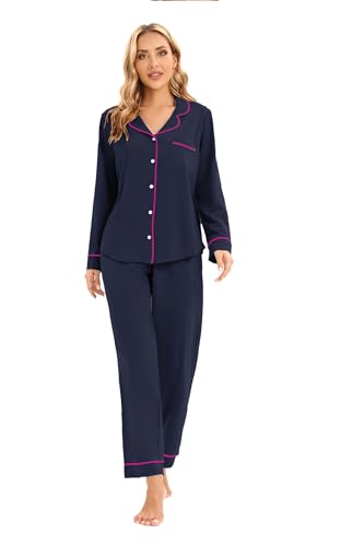 Image of LUBOT 100% Cotton Pajamas for Women PJ Set Soft Long Sleeve Button-Down Shirt Two-piece Set Warm Sleepwear Loungewear Night Suit (Dark Blue, XL)