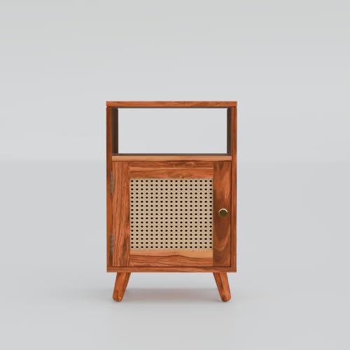 Image of Solid Sheesham Wood Bedside Table with Natural Cane Rattan Door & Open Shelf | Wooden Nightstand with Storage Cabinet | End Table for Bedroom (Honey Finish)