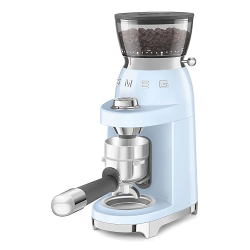 Image of SMEG CGF03 Burr Coffee Grinder, Electric Conical Burr Grinder with 15 Grind Settings, 8 Presets, 240g Bean Hopper, Espresso, Moka & Drip Coffee Grinder, 50's Retro Style (Pastel Blue)
