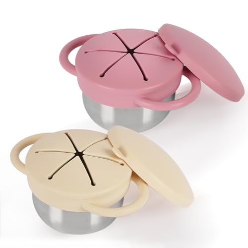 Image of Casremee 2 Pack 304 Stainless Steel Snack Cups for Toddlers, Toddler Snack Containers with Spill-Proof Silicone Travel Lid & Handle, Dishwasher Safe, Removable Snack Cup for Baby, Toddler, Kids