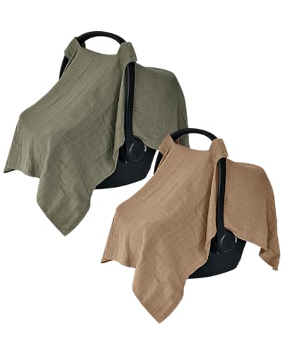 Image of Huxie Car Seat Cover Baby - Organic Cotton - Carseat Covers Baby - Carseat Cover - Car Seat Canopy - Carseat Canopy - 100% Muslin Cotton, 43" x 32" 2-Pack (Sage Green/Natural)
