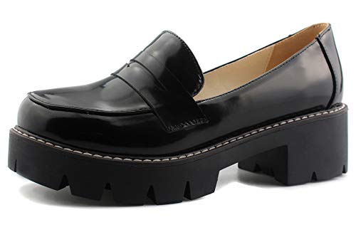 Sungtin Women's Slip-on Platform Loafers Chunky Mid Heel School Uniform Goth Shoes Oxford Pumps