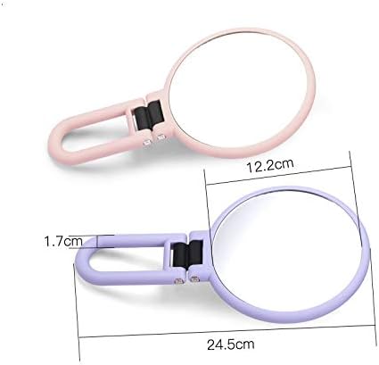 Two SUNESA folding makeup mirrors, one pink and one purple, showing their dimensions and folded state.