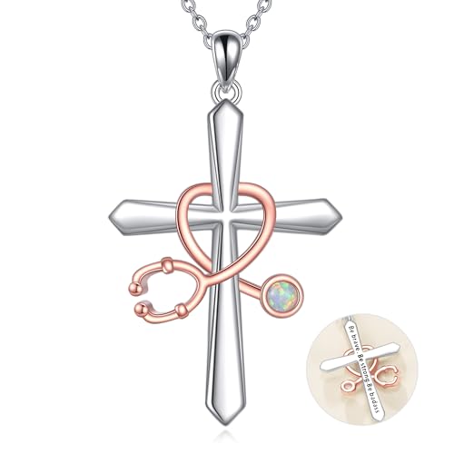 CUPENDA Collar de cruz de estetoscopio de ópalo de plata de ley, colgante de cruz de enfermera, temática de medicina, joyería RN para médicos, estudiantes de medicina, enfermeras, veterinaria