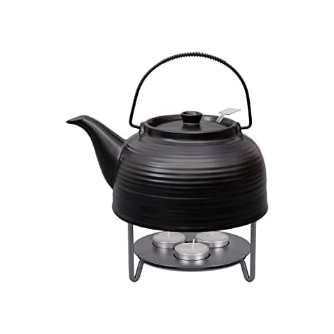Teeservice „Nelly“. Moderne Teekanne 1,5 Liter in schwarz-schwarz aus hitzebeständiger Keramik mit Edelstahlfilter und Metall-Stövchen Cover