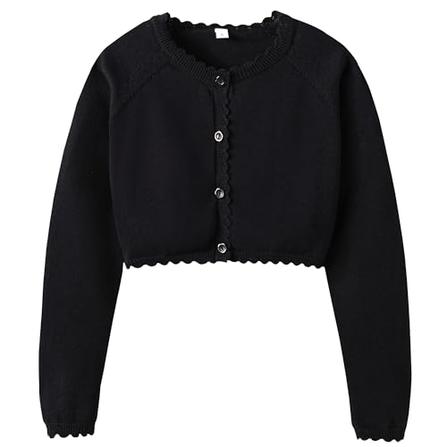 LIBREDGE Girls Cardigan Sweater Crew Neck Long Sleeve Cropped Cardigan Kids Casual Uniform Sweater for Girls Black Size 7-8