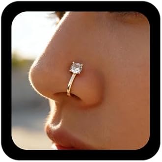 Andelaisi Punk Crystal Circle Clip On Nose Ring Vintage CZ Circle Fake Nose Ring Gold Round Nose Cuff Hoop Ring Non Pierced Nose Rings Gothic Clip On Nose Rings Jewelry for Women