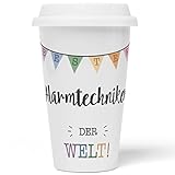 JUNIWORDS To-Go Becher aus Porzellan mit Motiv / Spruch: Bester Alarmtechniker der Welt