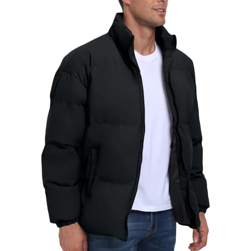 MLUTJINOO Men's Fleece Jackets, Puffer Men Baggy Waterproof Winter Bubble Coats Stand Collar Thick Warm Down Oversized Outwear Purple Trench Coat Swim Jacket Mens Lightweight (XL, Black)