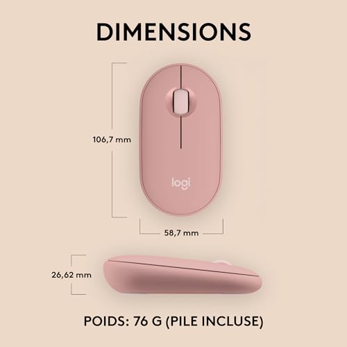 Logitech Pebble Souris sans fil avec récepteur Bluetooth ou récepteur 2,4 GHz, silencieuse, mince, avec clics silencieux, pour ordinateur portable/Notebook/iPad/PC/Mac/Chromebook – Rose
