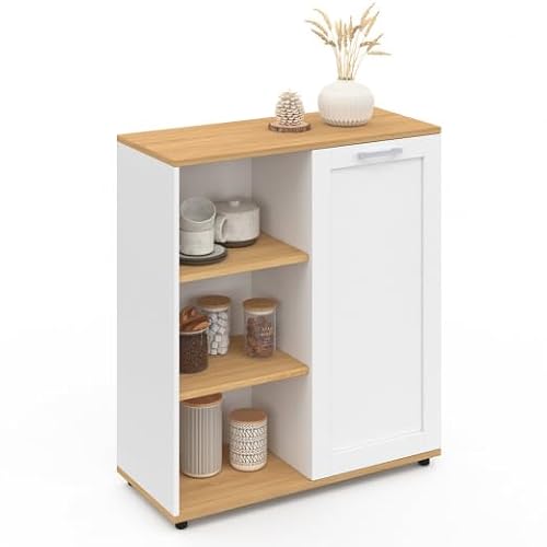 IDMarket VITO - Aparador auxiliar de 70 cm, 3 estantes y armario blanco y bandeja de madera