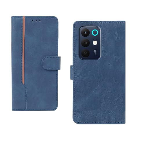 Image of amazon basics Realme 15X 5G Flip Cover | Card Pockets Wallet & Stand | Flip Cover for Realme 15X 5G (Blue with Beige Strip)