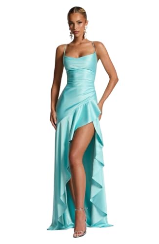 Damska satynowa sukienka maxi z dekoltem w serek, bez pleców, falbana, bodycon z rozcięciem, formalna sukienka na wesele, koktajl, studniówkę, NIEBIESKI, S