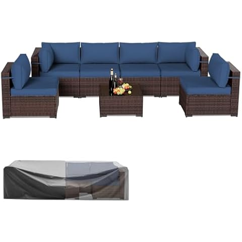 Amopatio Patio Furniture Set 7 Pieces Patio Conversation Set Outdoor Sectional Wicker Rattan Sofa with All-Weather Cover, Patio Furniture with Pillows Fits Porch Garden Backyard Balcony (Navy) Cover