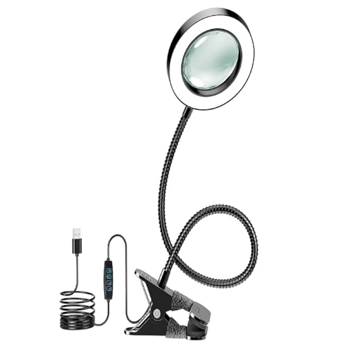 10X Magnifying Glass with Light and Timer 2 in 1 Magnifying Desk Lamp 3 Color Modes 10 Dimmable Brightness Flexible Gooseneck Magnifier with Light for Craft Hobby Sewing Close Work(No Adapter)