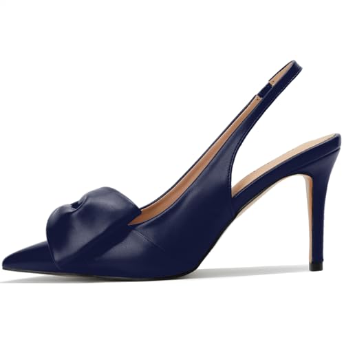 Image of Women's Slingback Heels with Bow Leather Pointed Toe Pumps with Elasticated Strap 3.3 inch High Heels Evening Comfy Dress Shoes Navy Blue Size 9.5