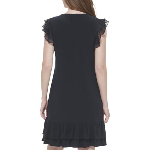 Image of Tommy Hilfiger Women's Sleeveless Crew Neck Double Ruffle Hem Jersey Shift Mini Dress